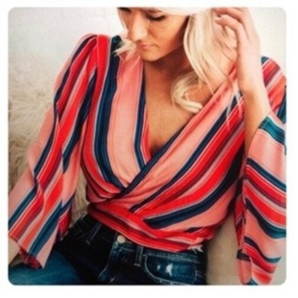 Red and Blue Wrap Blouse with Relaxed Sleeves